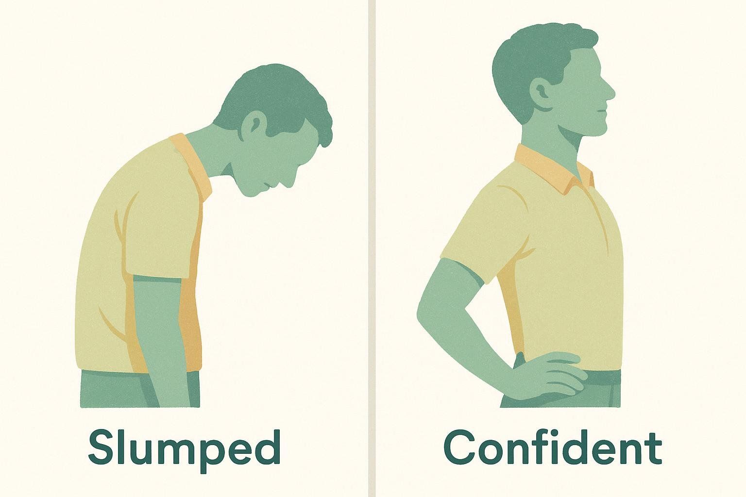 An illustration showing two figures side-by-side. On the left, labeled 'Slumped', a person with their head down and shoulders rounded. On the right, labeled 'Confident', a person standing upright with their head held high and hands on their hips, looking forward.