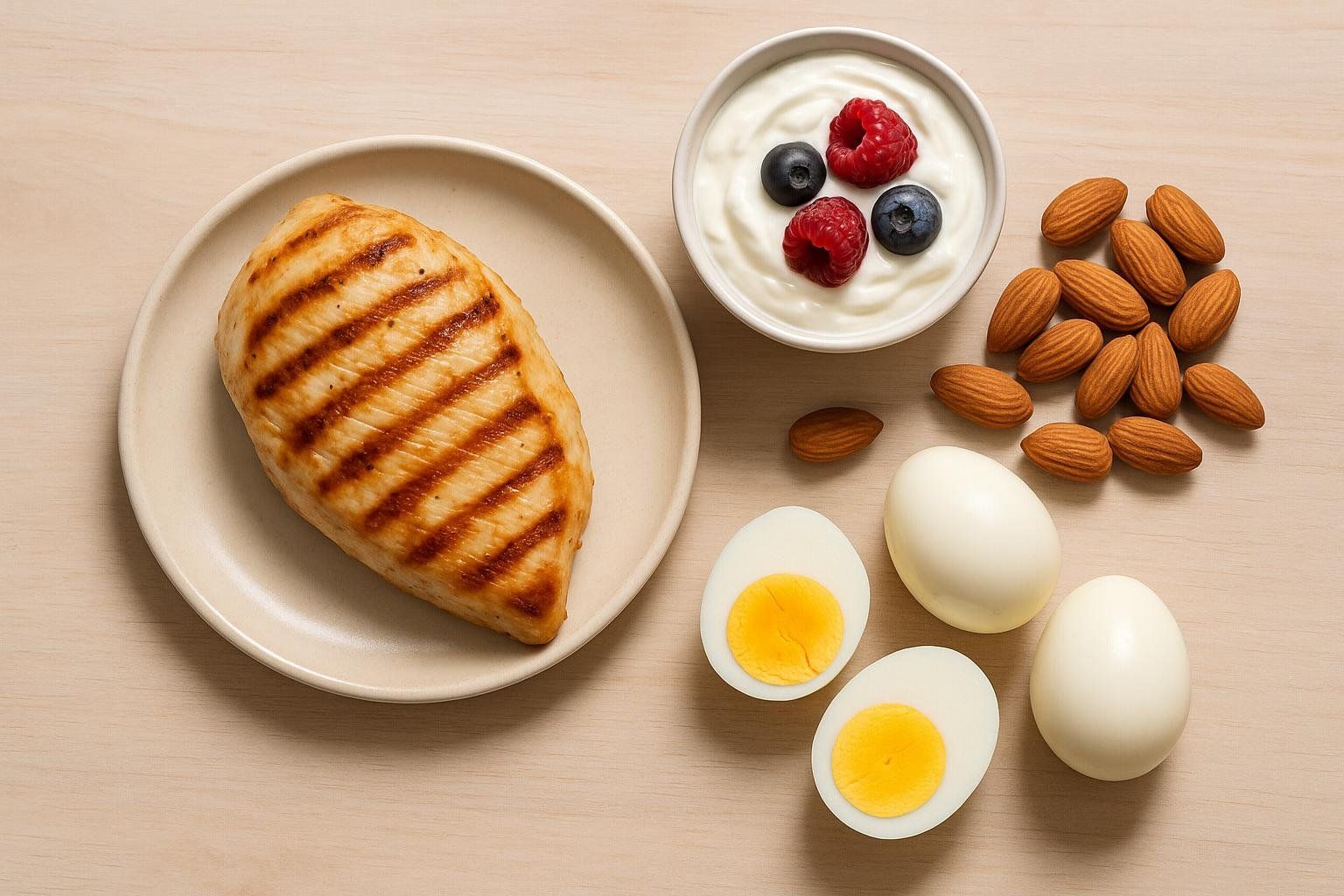 Flat lay of protein-rich foods: grilled chicken breast on a plate, a bowl of Greek yogurt with berries, a pile of almonds, and several hard-boiled eggs, two of which are cut in half.