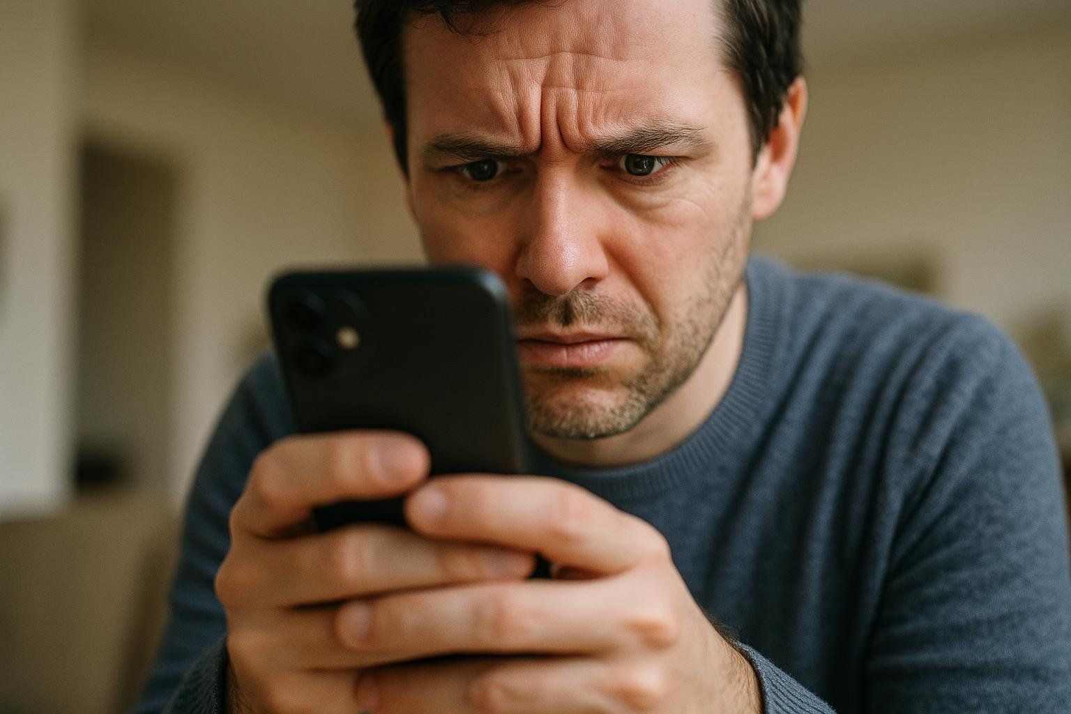 A man with a furrowed brow and worried expression stares intently at his smartphone, holding it with both hands. He appears to be experiencing anxiety or concern about what he sees on the screen.