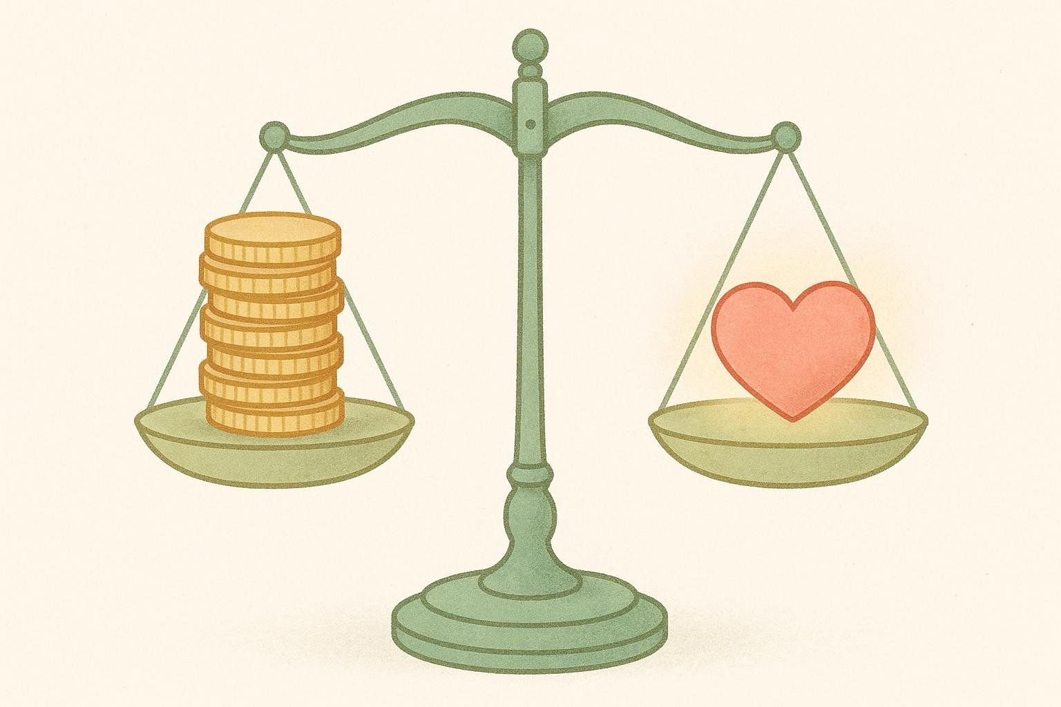 An illustration of a balance scale with a stack of gold coins on the left pan and a gleaming red heart on the right pan, representing a cost-benefit analysis where money (cost) is weighed against health or well-being (benefit).