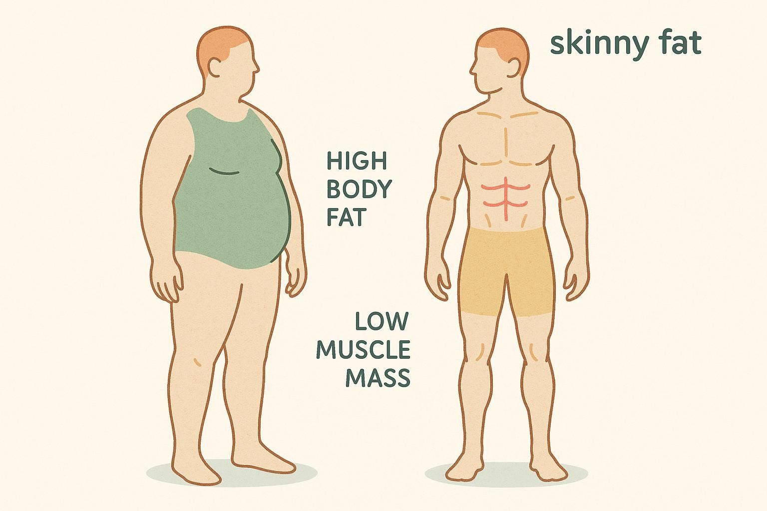 Two figures of the same size, one showing high body fat and low muscle, the other showing low fat and high muscle, illustrating the skinny fat concept.