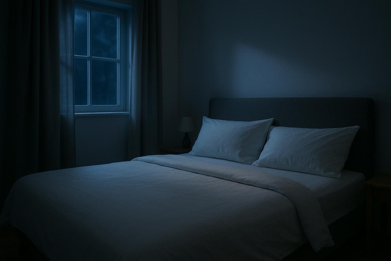A dimly lit bedroom with a window showing the moonlight outside, emphasizing a dark and calm environment ideal for sleep.