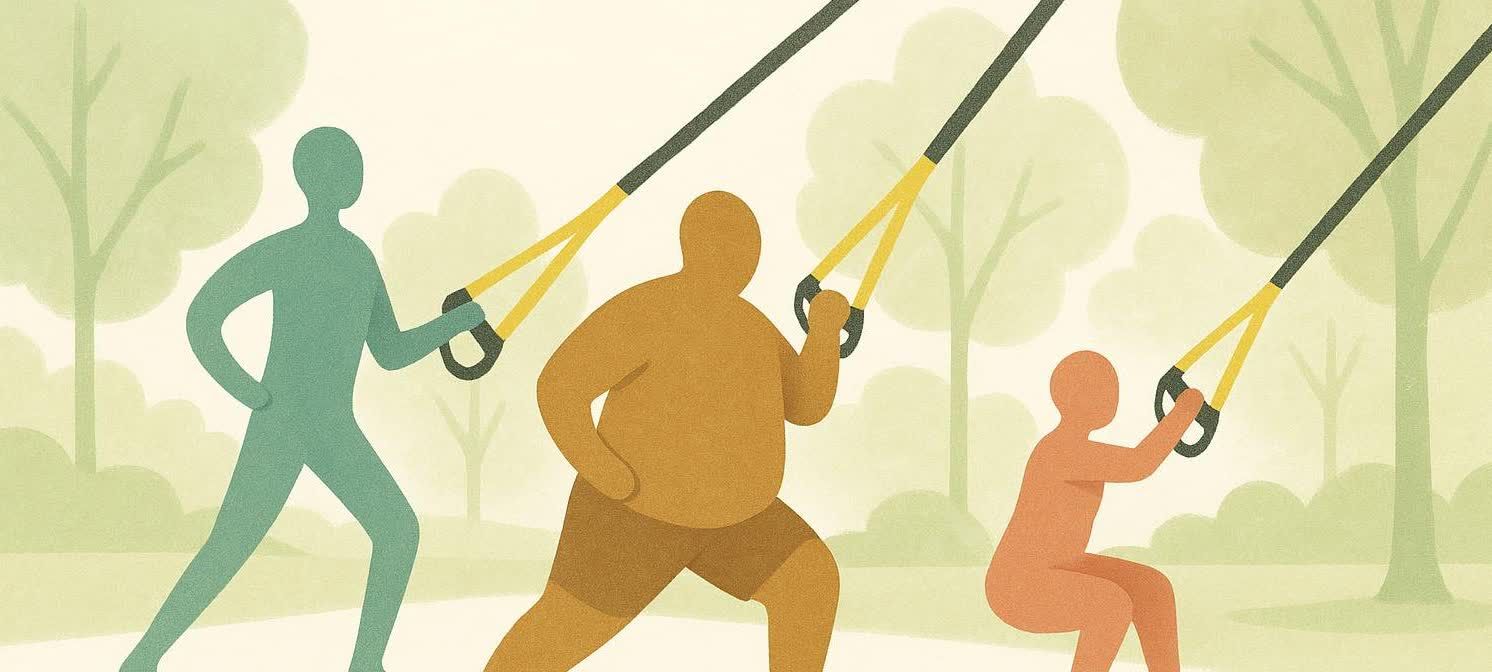 Illustration showing diverse figures using TRX suspension trainers in a park, highlighting the versatility of the equipment, with various body types demonstrating different exercises like lunges and squats.