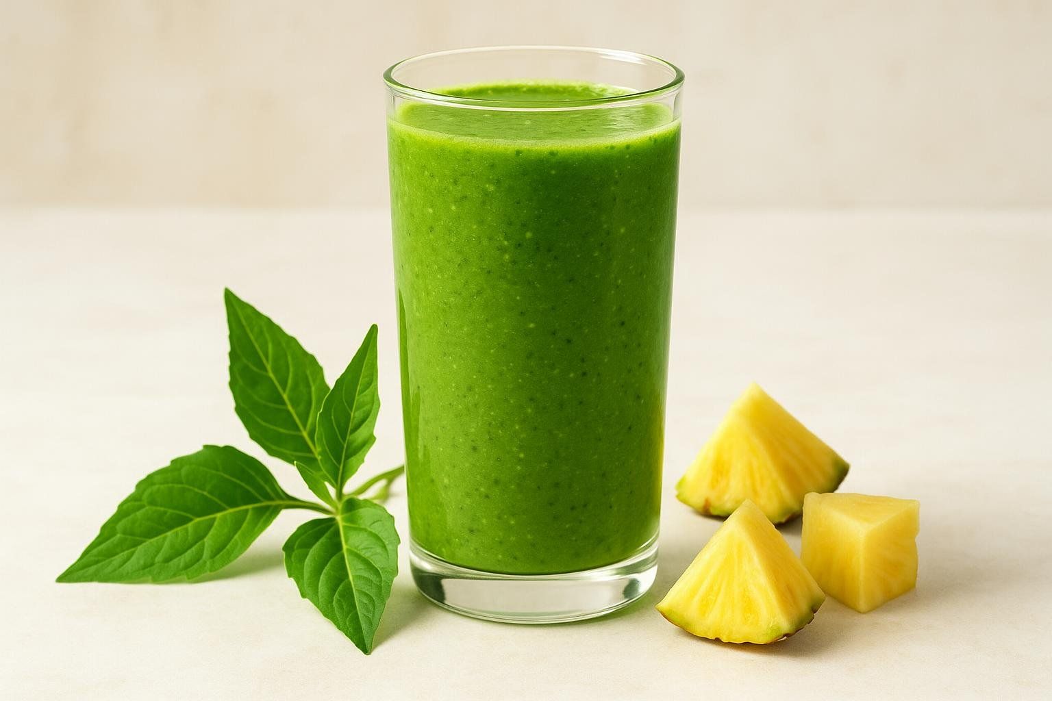 A vibrant green smoothie in a glass, accompanied by sprigs of Gynura procumbens leaves and chunks of pineapple on a cream-colored surface.