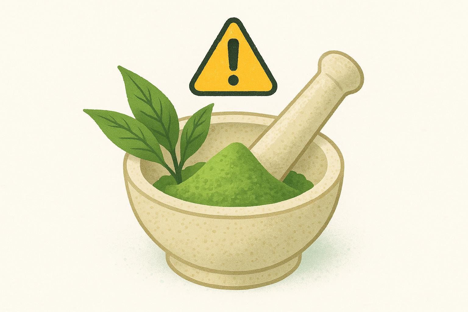An illustration of a mortar and pestle containing green tea leaves and ground green tea powder, with a yellow warning sign floating above, suggesting potential risks.