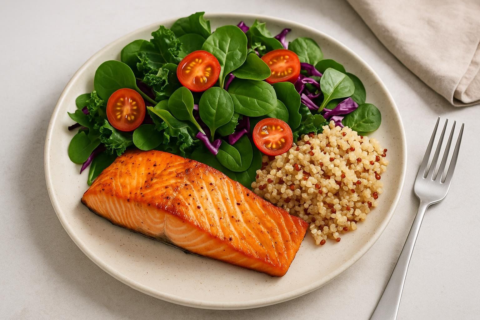 A healthy and balanced meal featuring a pan-seared salmon fillet, a side of fluffy quinoa, and a fresh green salad with baby spinach, kale, purple cabbage, and cherry tomato halves, served on a light-colored plate.