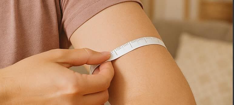 A person wearing a brown t-shirt measures their upper arm with a white tape measure.
