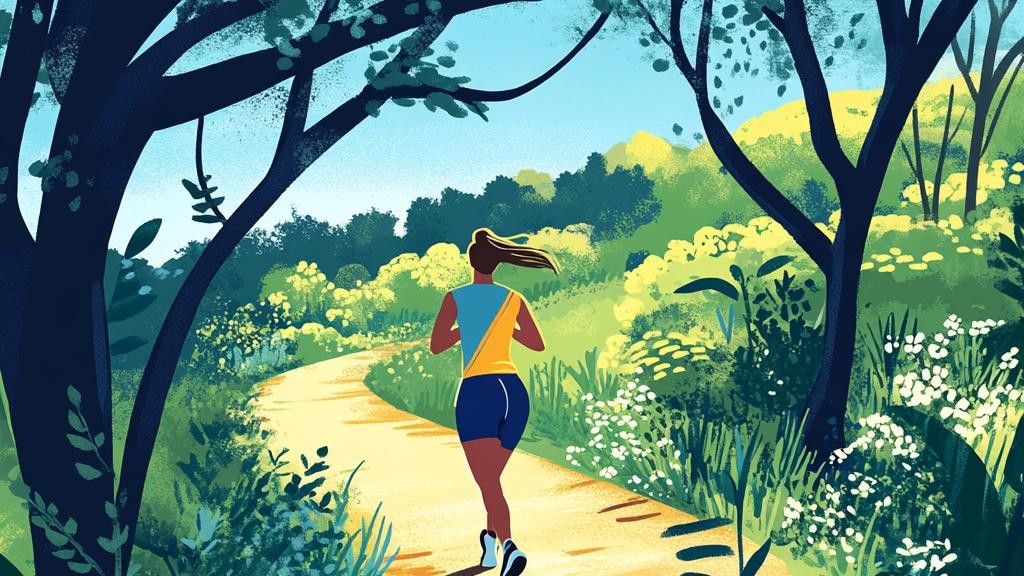 An illustration shows a woman running on a path through a vibrant, green landscape with trees and flowers.