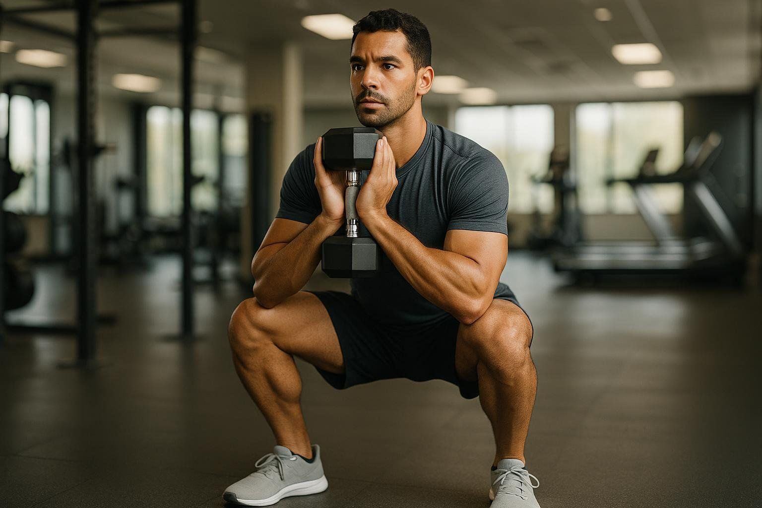 A man in athletic wear performing a goblet squat with a dumbbell in a gym. He is in the lower portion of the squat, holding the dumbbell vertically against his chest, with good form.