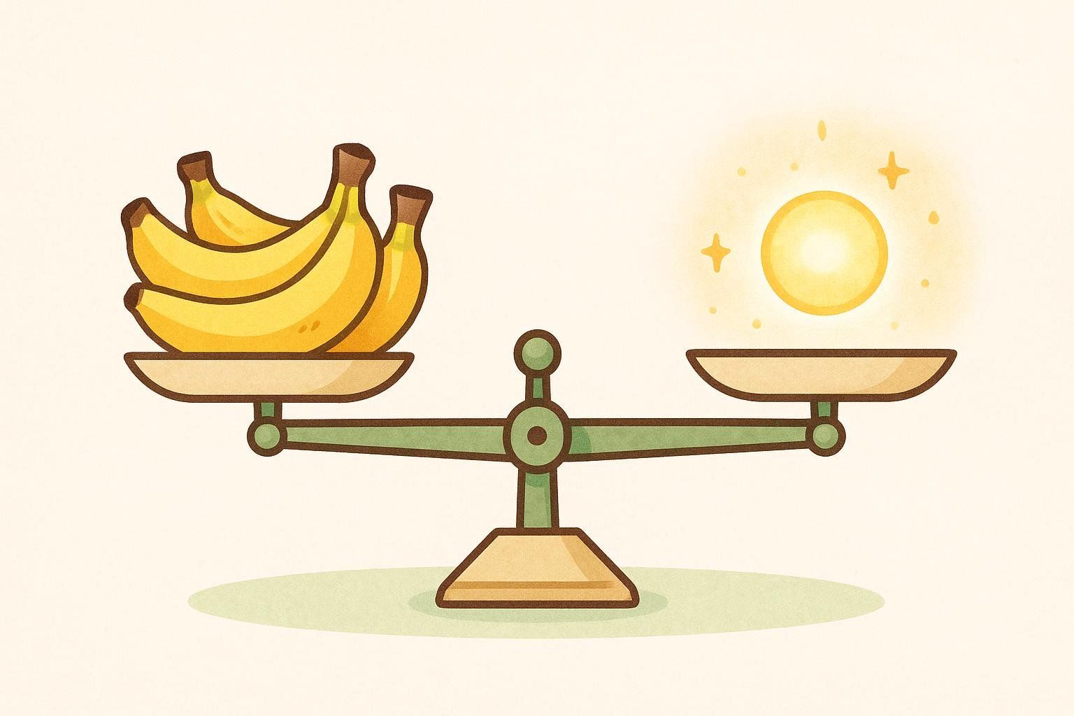 A whimsical illustration displaying a balancing scale. On the left side, a bunch of ripe yellow bananas are placed. On the right side, a glowing yellow sphere with small sparkly accents represents radiation.