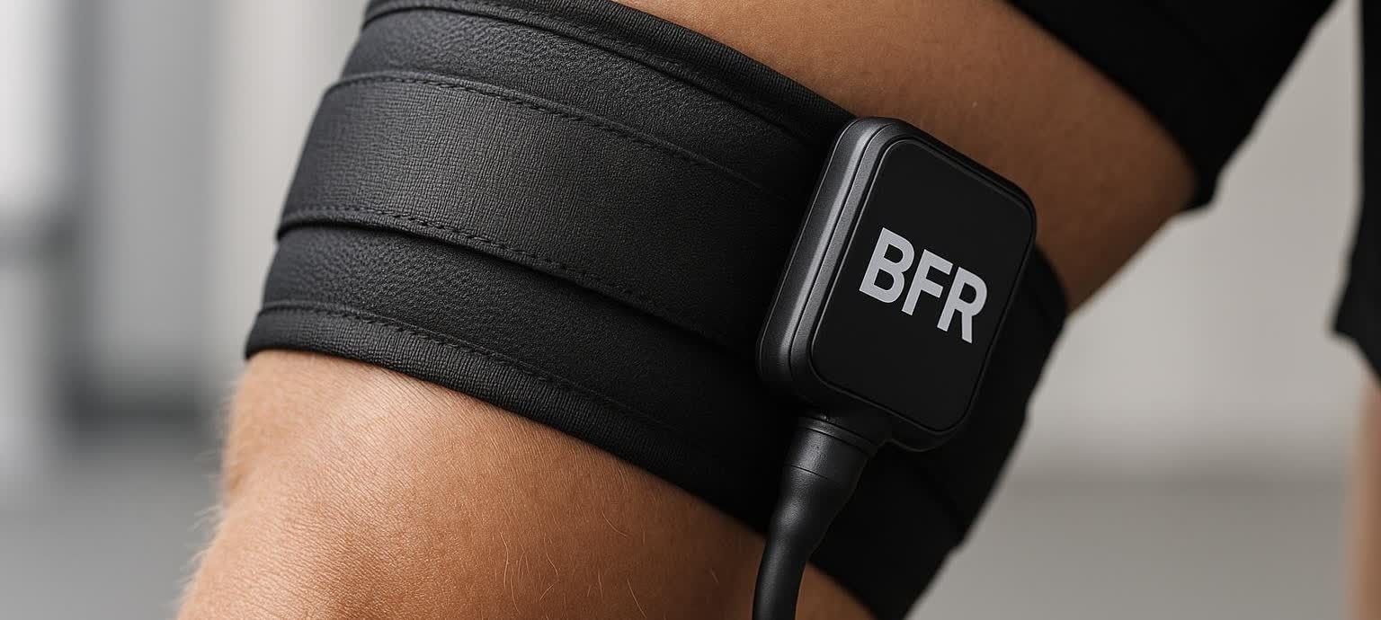 A close-up photograph showcasing the texture and detail of a modern BFR cuff on a person's thigh. The black cuff has a small black device attached with 'BFR' written in white letters.
