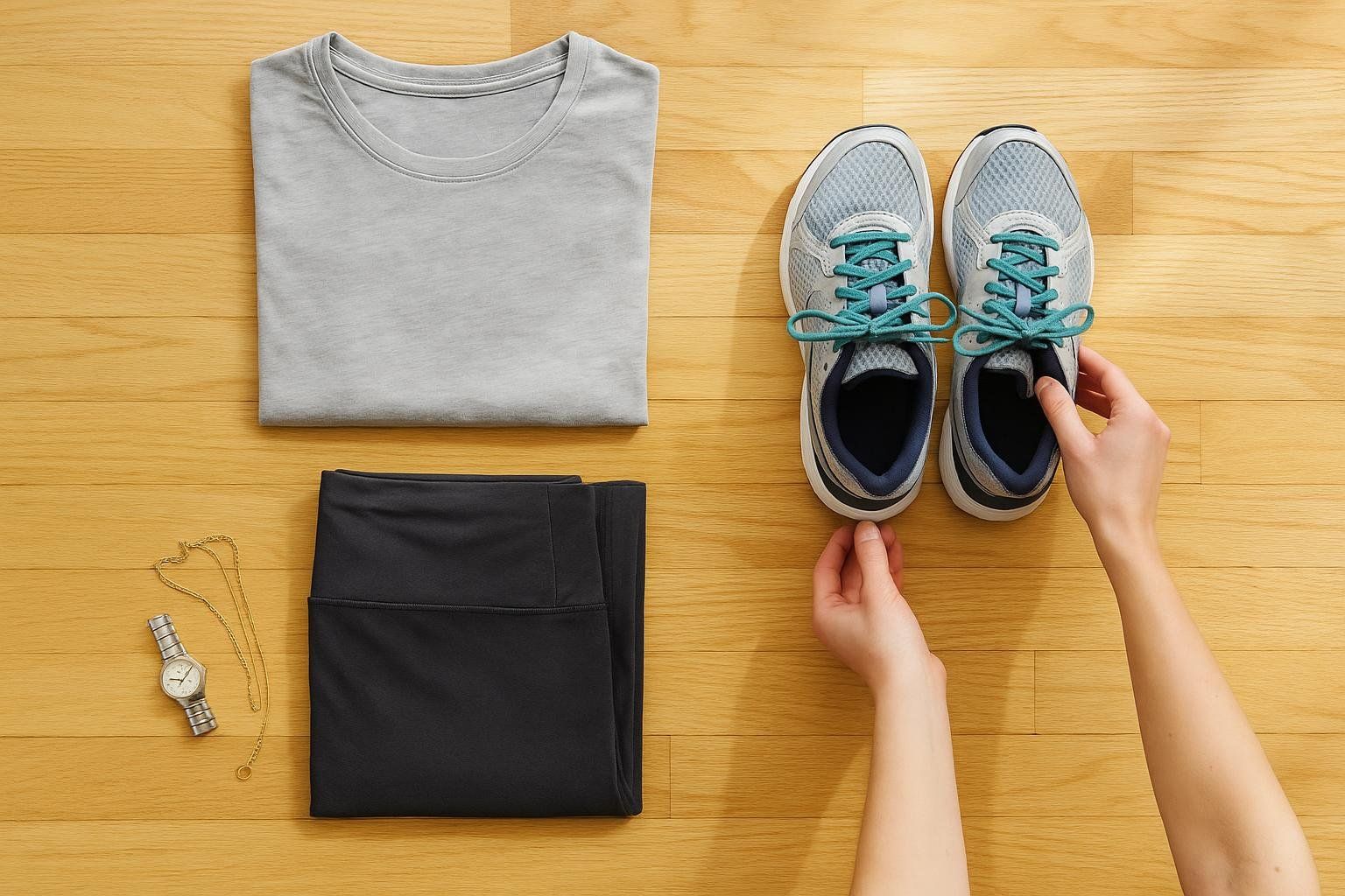 A light gray t-shirt and folded black leggings are laid out on a wooden floor next to a silver watch and gold necklace. Two hands are placing a pair of gray and teal running shoes, suggesting attire for a DEXA scan.