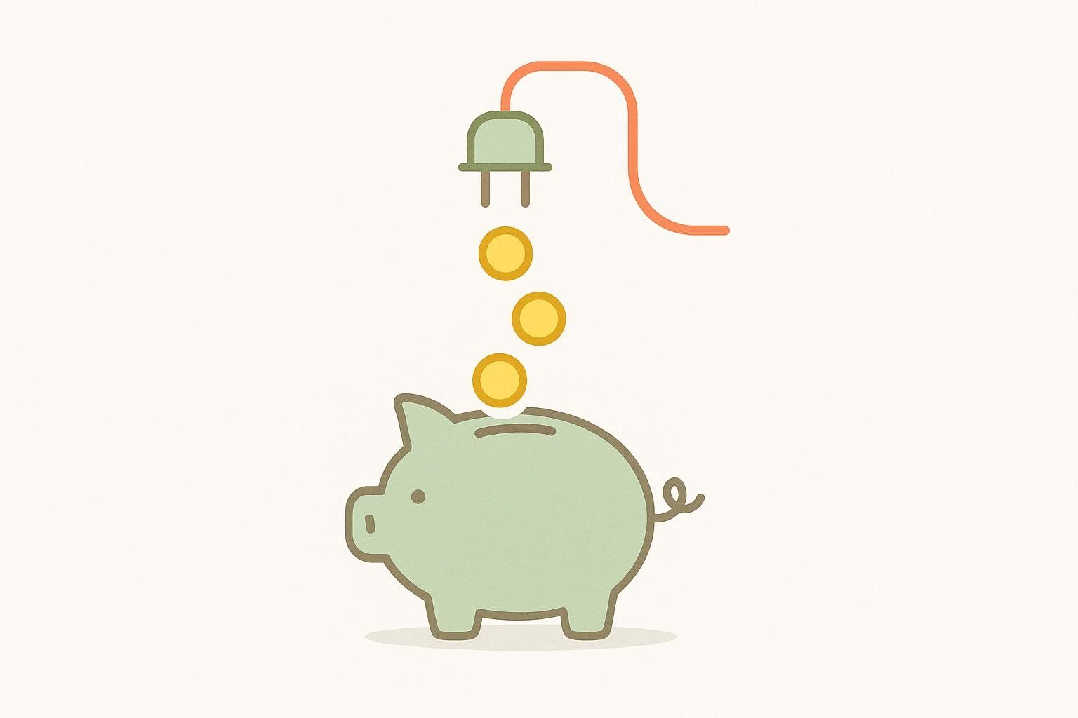 Illustration of a power cord plugging into the top of a green piggy bank, with three golden coins falling from the plug into the coin slot. This symbolizes energy savings or low energy costs.