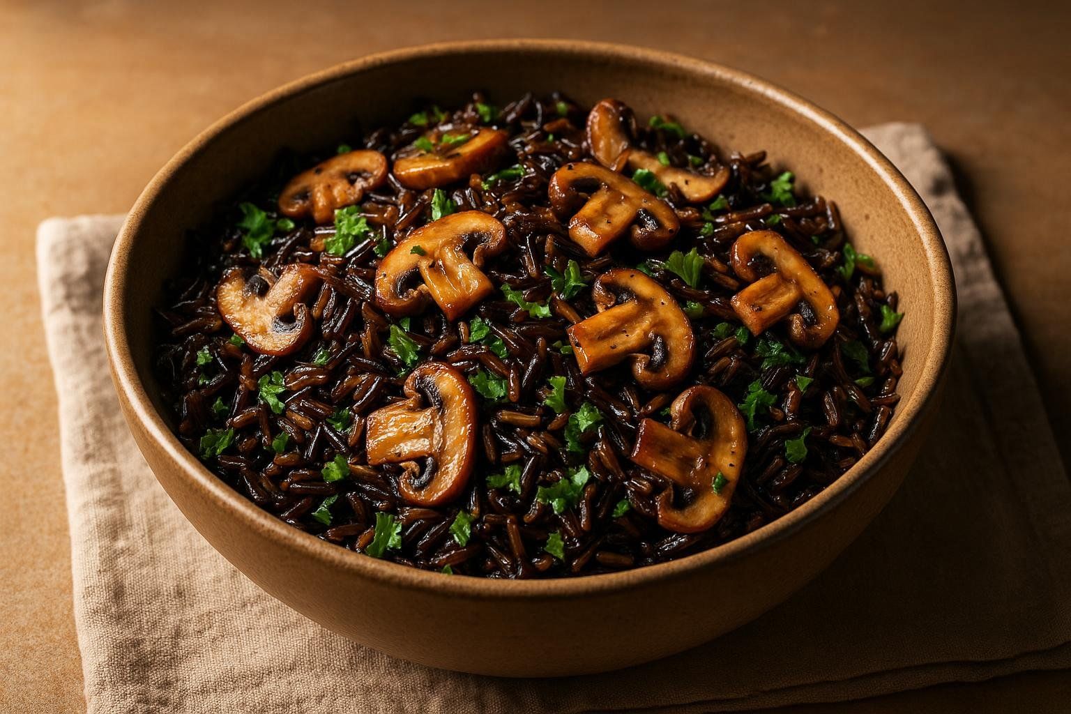 A hearty warm wild rice salad with roasted mushrooms and fresh herbs, served in a rustic bowl.