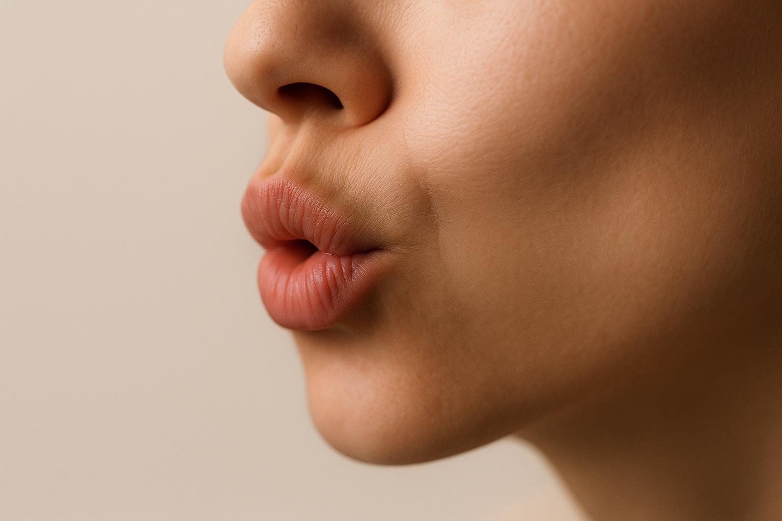 Close-up profile of a person demonstrating pursed-lip breathing with lips shaped as if to whistle.