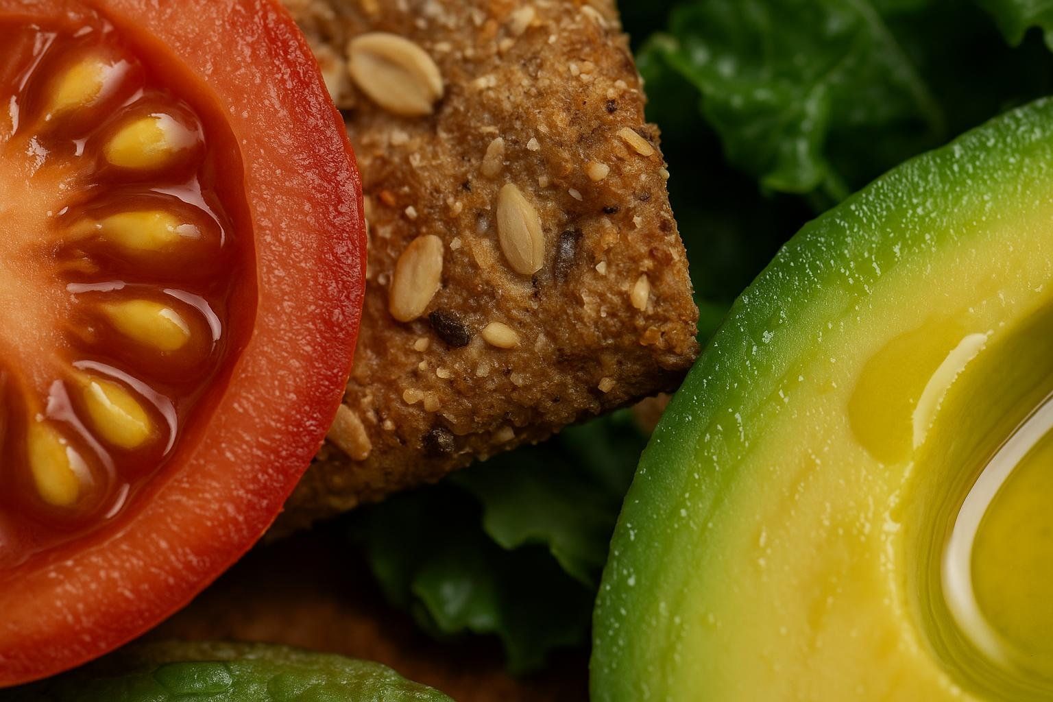 A macro close-up of a healthy plate of food, showing the varied textures of a sliced tomato, a seedy cracker or bread, and an avocado with olive oil drizzled on it, all resting on a bed of green lettuce.