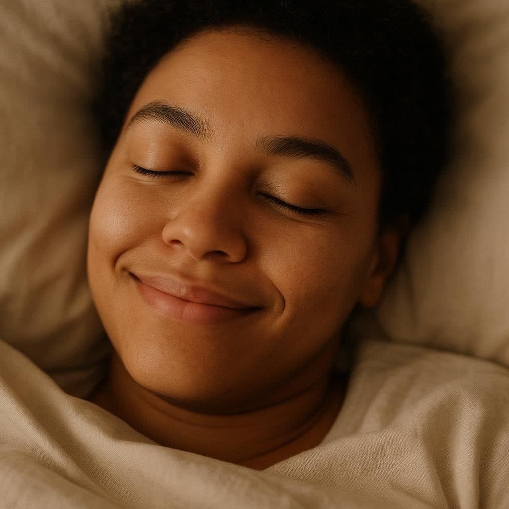 A close-up of a person's serene face as they sleep peacefully, representing the benefit of magnesium for sleep quality.