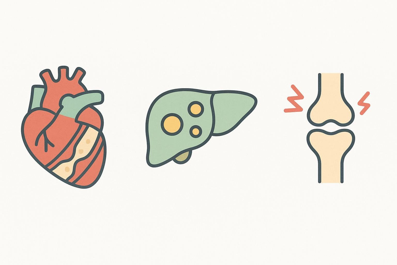 Icons illustrating health risks of central obesity: heart disease, fatty liver, and joint inflammation.