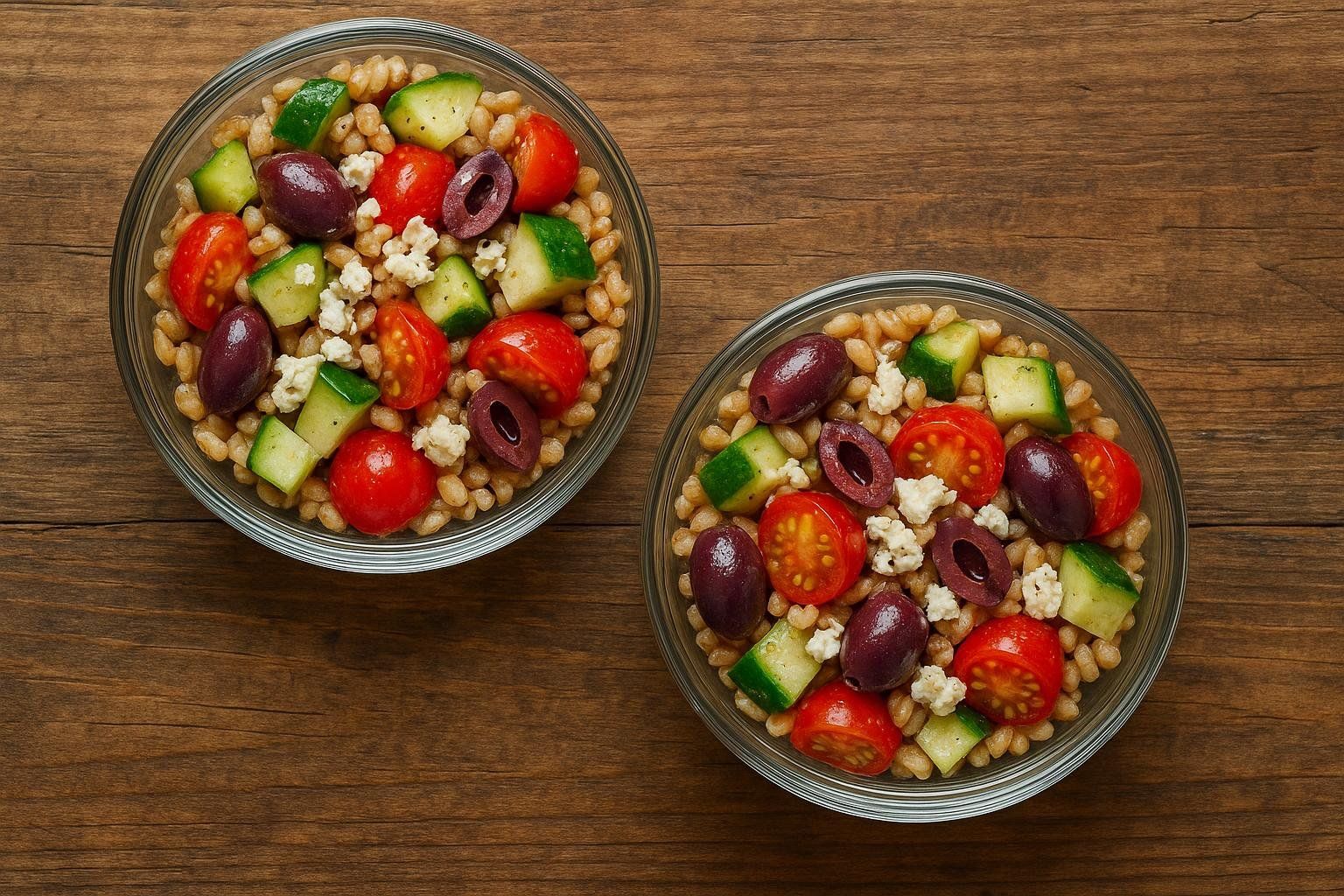 Overhead view of two prepared Mediterranean farro salads in glass meal prep containers. Each salad contains farro grains, cherry tomatoes, sliced cucumbers, kalamata olives, and crumbled feta cheese.