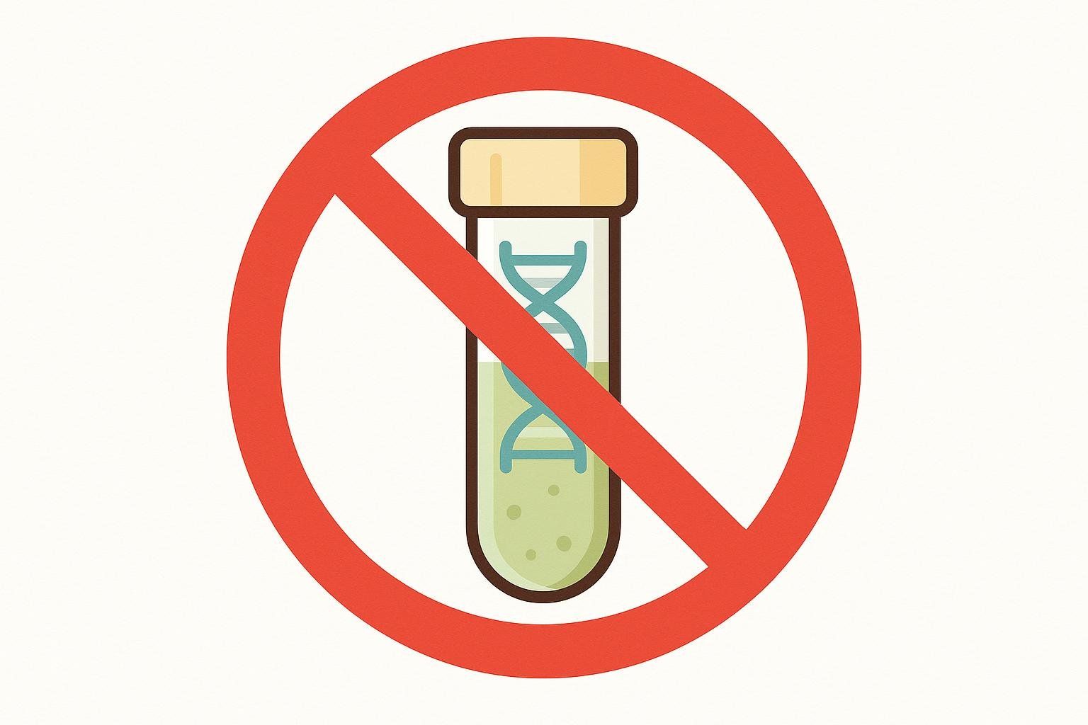 An icon depicting a test tube, with a DNA double helix inside and green liquid, overlaid with a red circle and a diagonal line, symbolizing that MTHFR testing is not recommended.