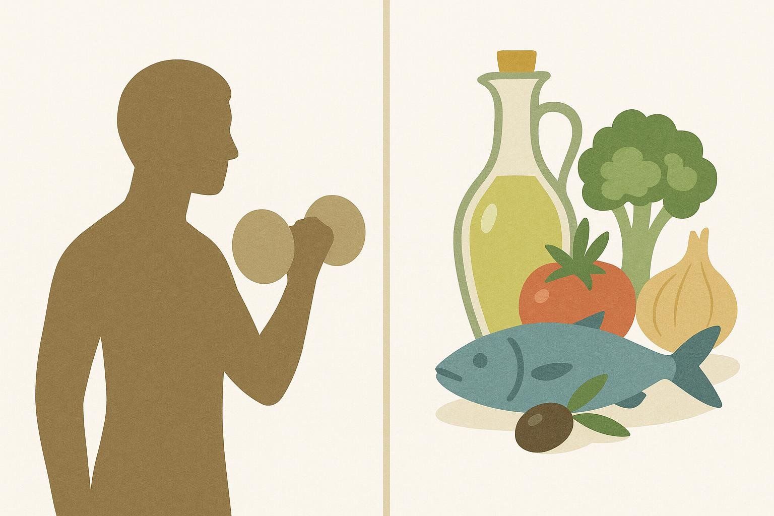 Illustration of a person doing strength training with dumbbells on the left and a collection of Mediterranean diet foods, including fish, olive oil, tomatoes, broccoli, and an onion, on the right.