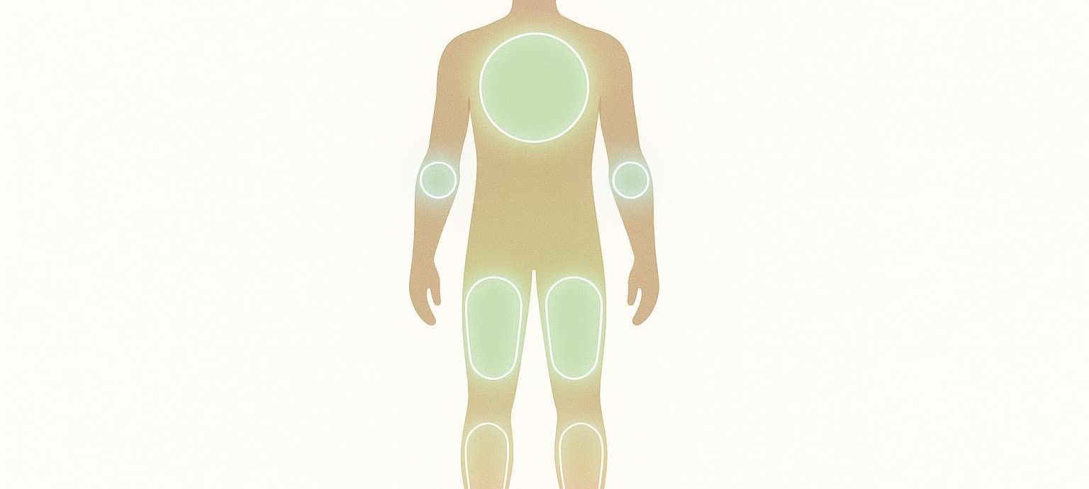 An illustration of a human silhouette with circles highlighting different body segments, such as the torso, upper arms, and thighs, for composition analysis.