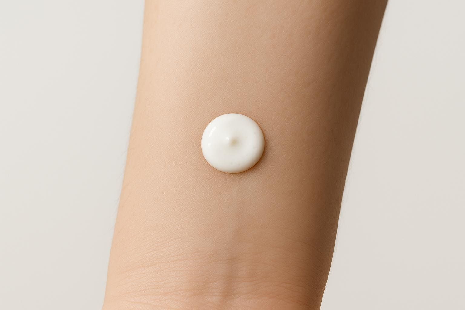 A close-up view of a person's inner forearm with a small dab of cream for a patch test.