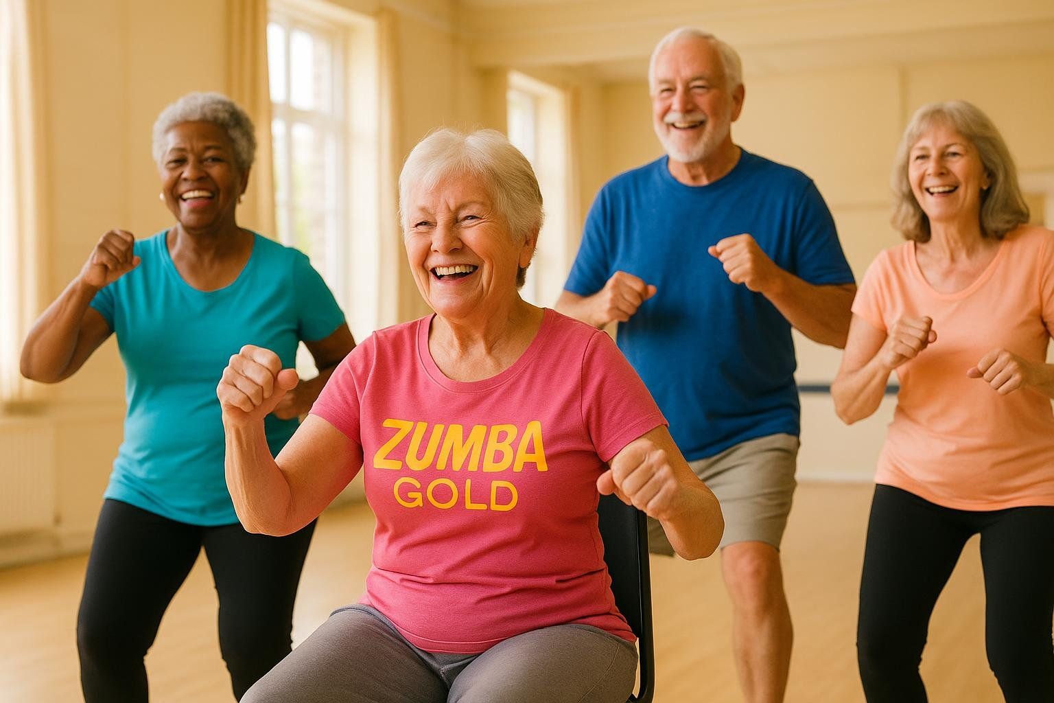 A diverse group of four cheerful senior adults participating in a Zumba Gold class, all smiling and moving their arms. One woman in the foreground is seated in a chair, wearing a pink 'Zumba Gold' t-shirt, while three others stand behind her.