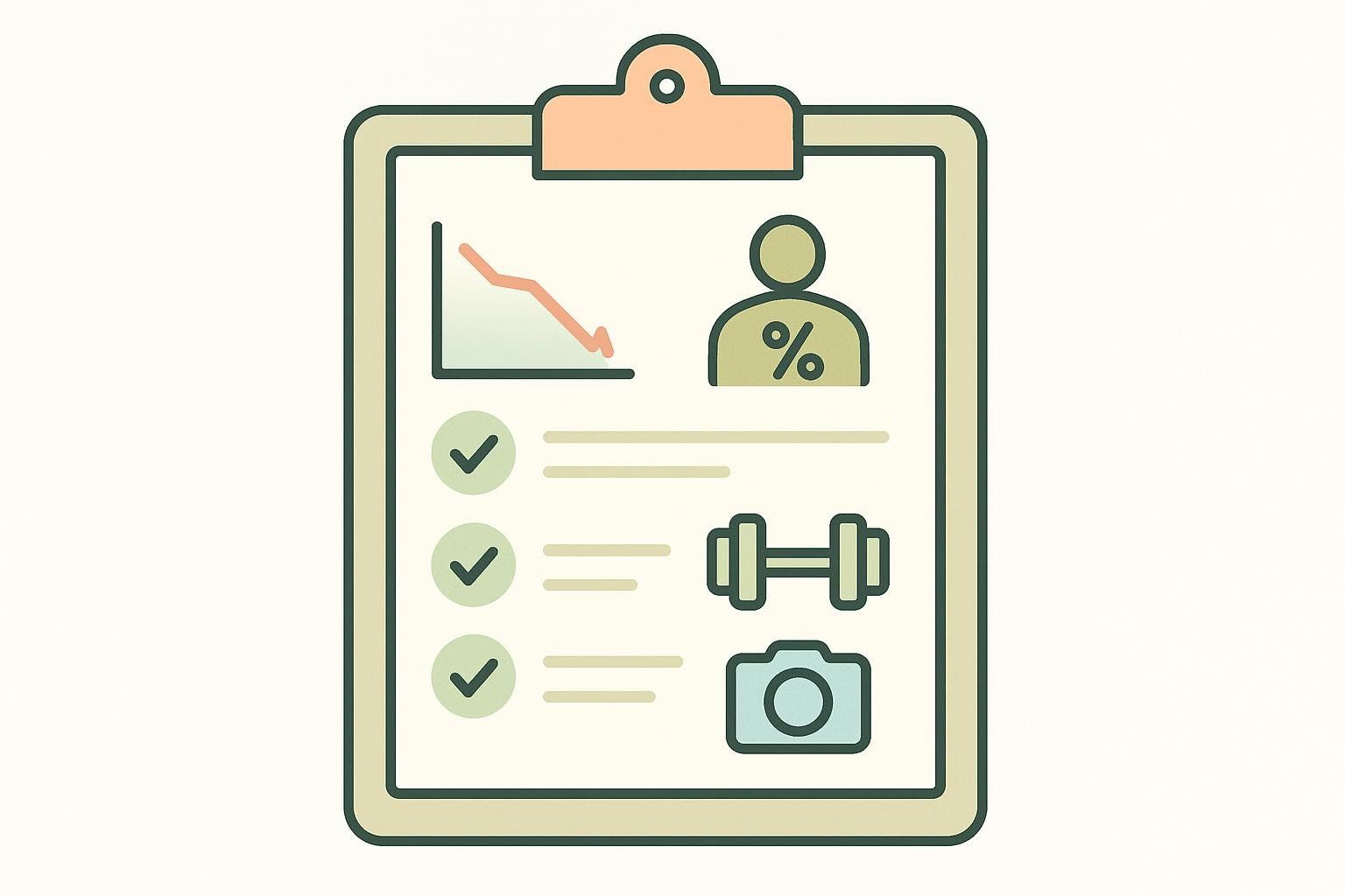 An illustration of a clipboard displaying fitness tracking icons: a downward trend graph for weight, an icon representing body fat percentage, a dumbbell for strength training, and a camera icon for progress photos. There are also three checkmarks indicating completion.