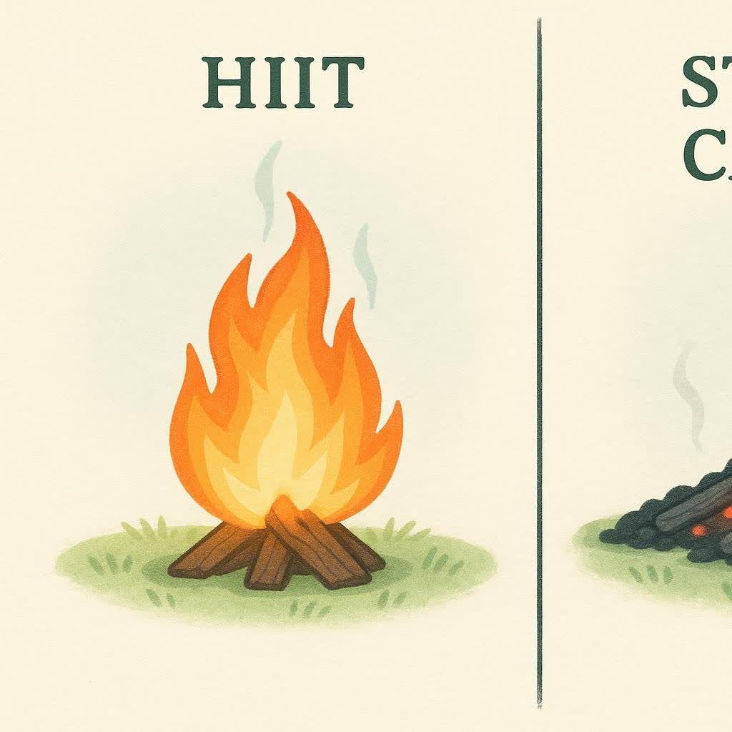 An illustration showing a brightly burning campfire on grassy ground, with the letters 'HIIT' above it. Wisps of smoke rise from the flames. This image represents the 'burn' or intensity of HIIT workouts.