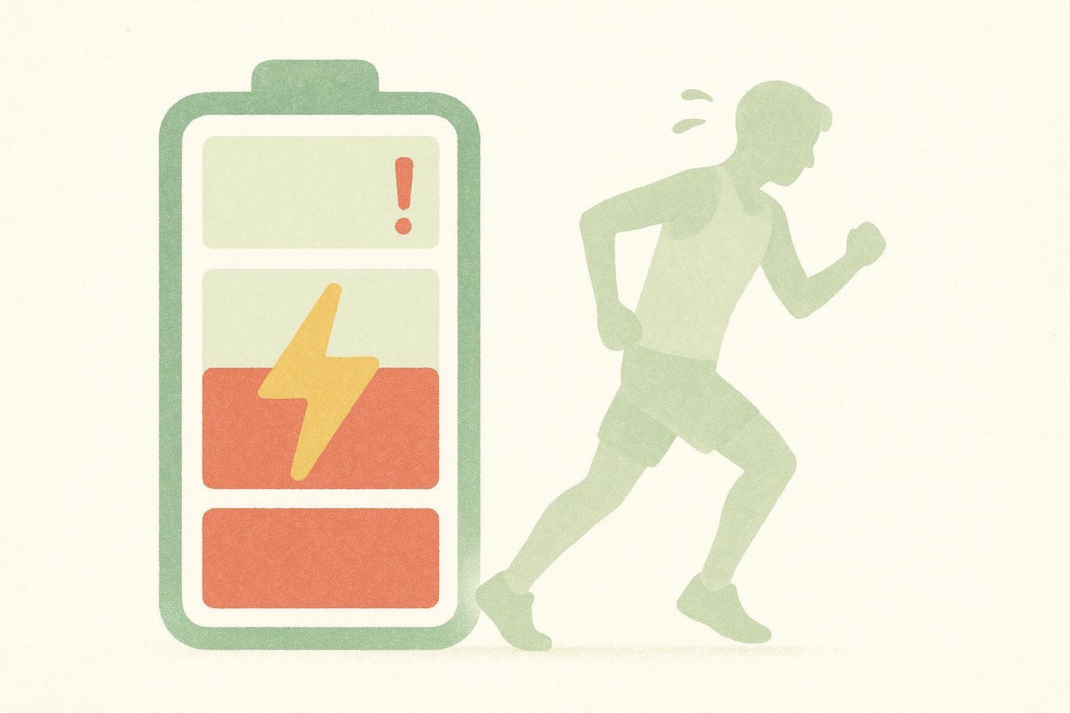 An illustration of a low battery icon with a red bar and a lightning bolt, next to a silhouette of a runner in light green, symbolizing energy depletion or reduced performance during exercise.