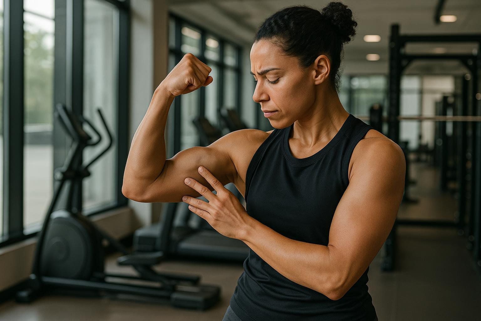 A woman with darker skin is flexing her left bicep in a gym, with her right hand touching her bicep. She is wearing a black tank top and has a serious expression, looking down at her arm. In the background are gym machines and a large window.