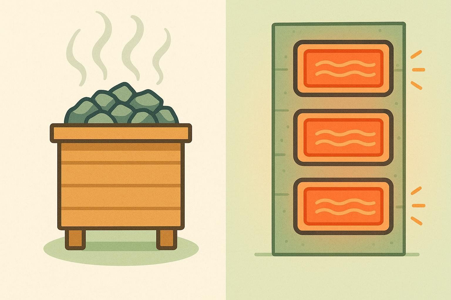 Illustration comparing a traditional sauna heater with steam to a glowing infrared sauna panel with three heating elements.