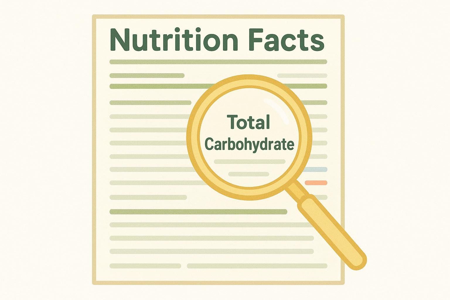 An illustration of a nutrition label with a magnifying glass focused on the 'Total Carbohydrate' line, emphasizing its importance for carb counting.