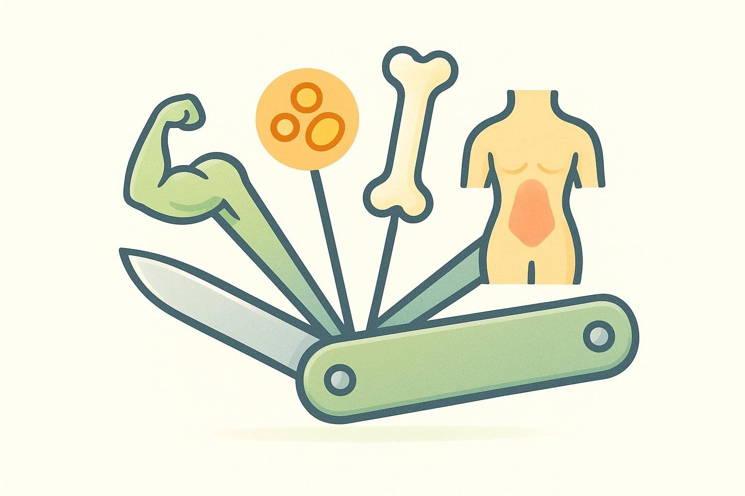 An illustration of a Swiss Army knife with tools representing different aspects of the human body. The tools include a flexed bicep, a bone, a silhouette of a torso with an area highlighted to represent regional fat distribution, and a circular object with three smaller circles inside, possibly representing cells or organs. The knife blade is also visible.
