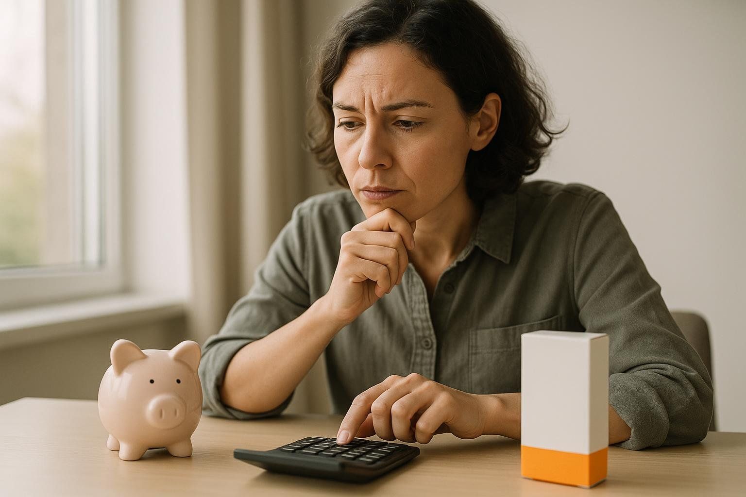 A woman with short dark hair, wearing a green shirt, looking concerned as she uses a calculator. Beside her on the table is a pink piggy bank and a white and orange box, representing medication. She appears to be budgeting for prescription costs.