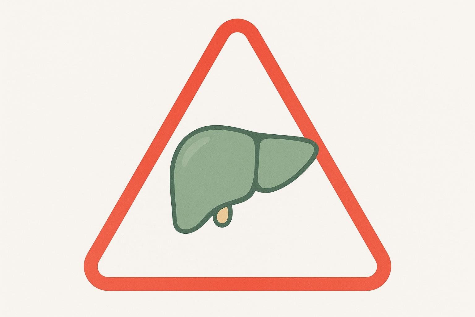 An illustration of a green human liver inside a red triangular warning sign, indicating a risk or caution related to liver health.