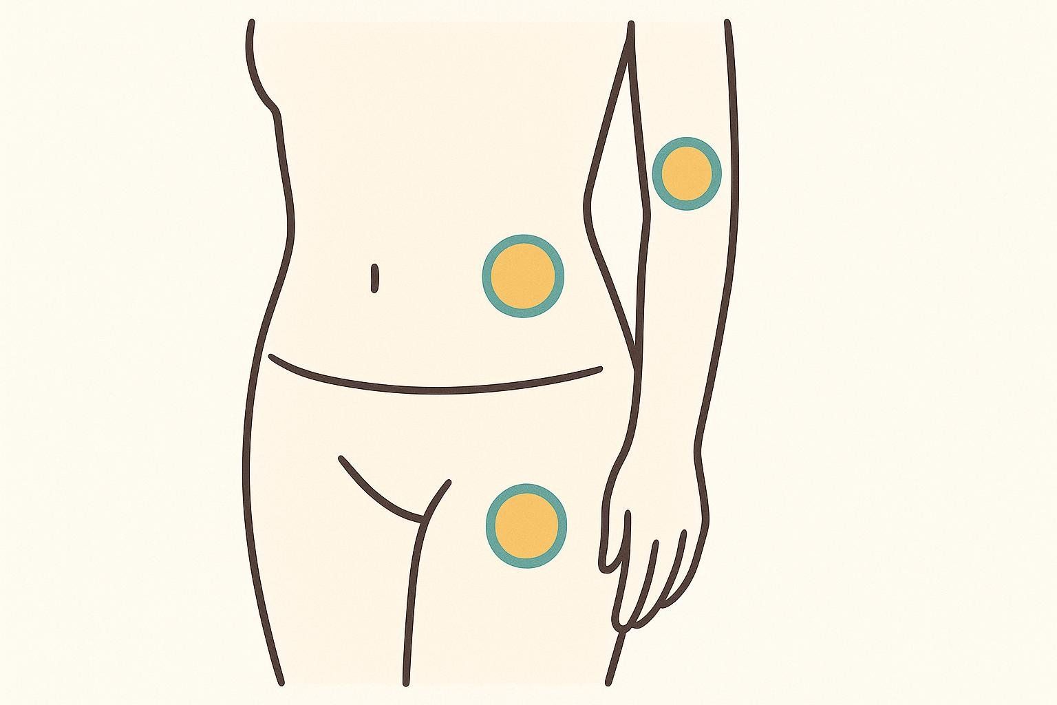 An illustration showing recommended injection sites on the abdomen, thigh, and arm, to show how to rotate Sermorelin injections.