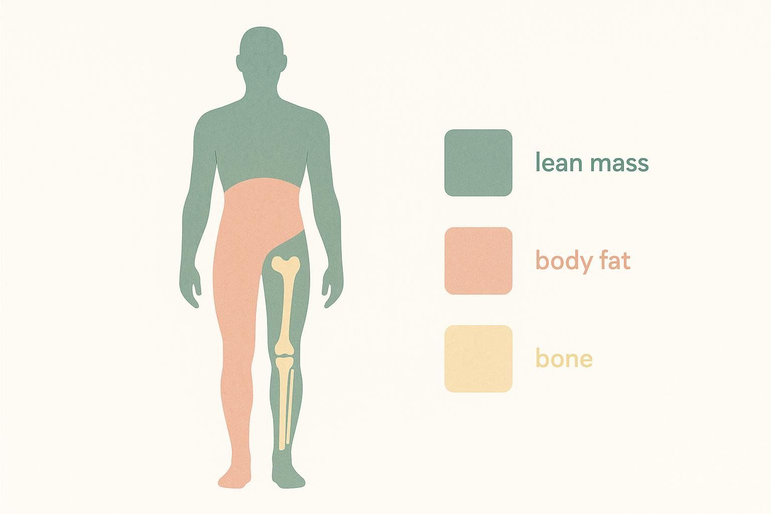 An illustration of a human body divided into three colored sections, representing fat, lean mass, and bone.