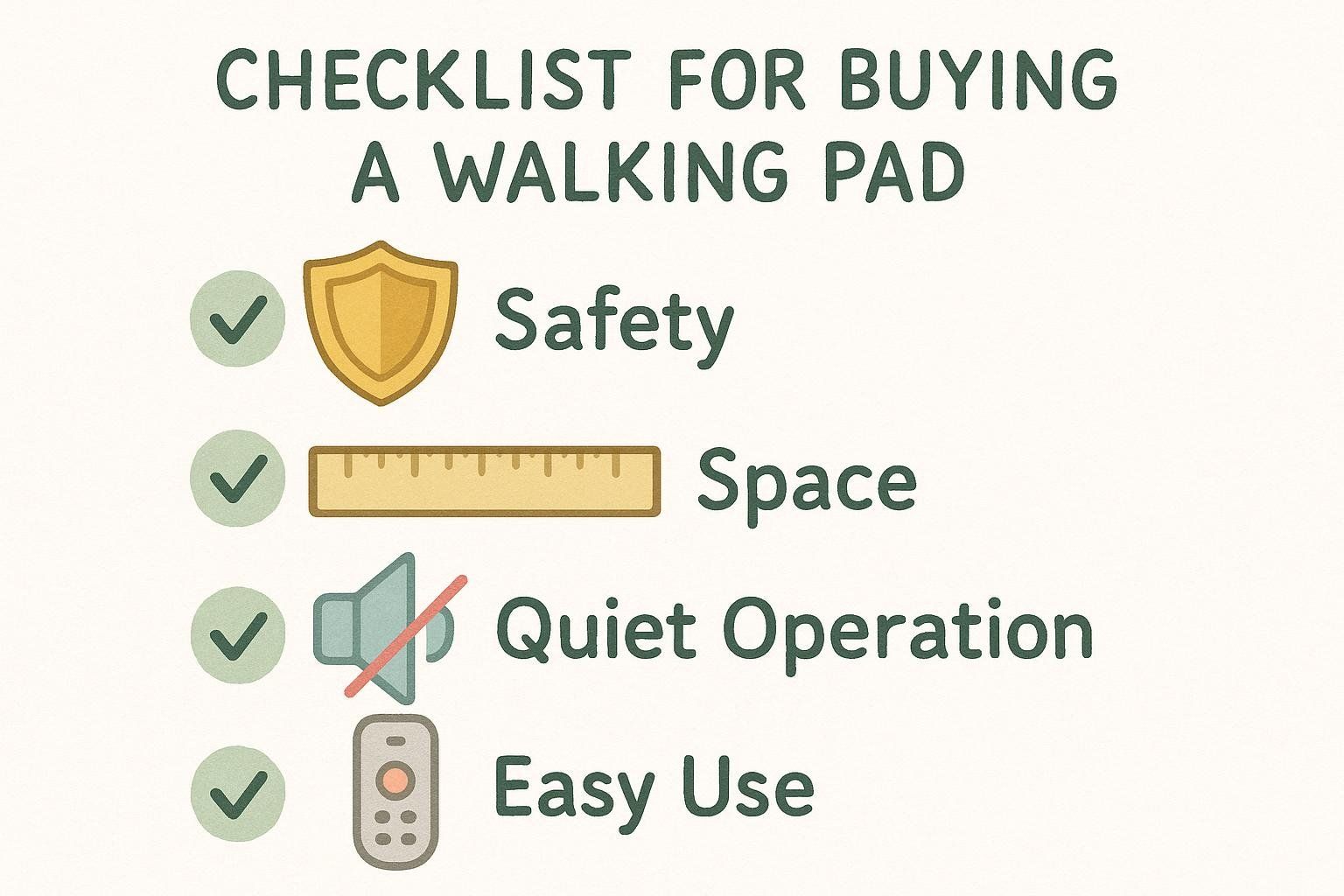 An illustrated checklist showing key features to look for in a walking pad: safety, size, quietness, and controls.