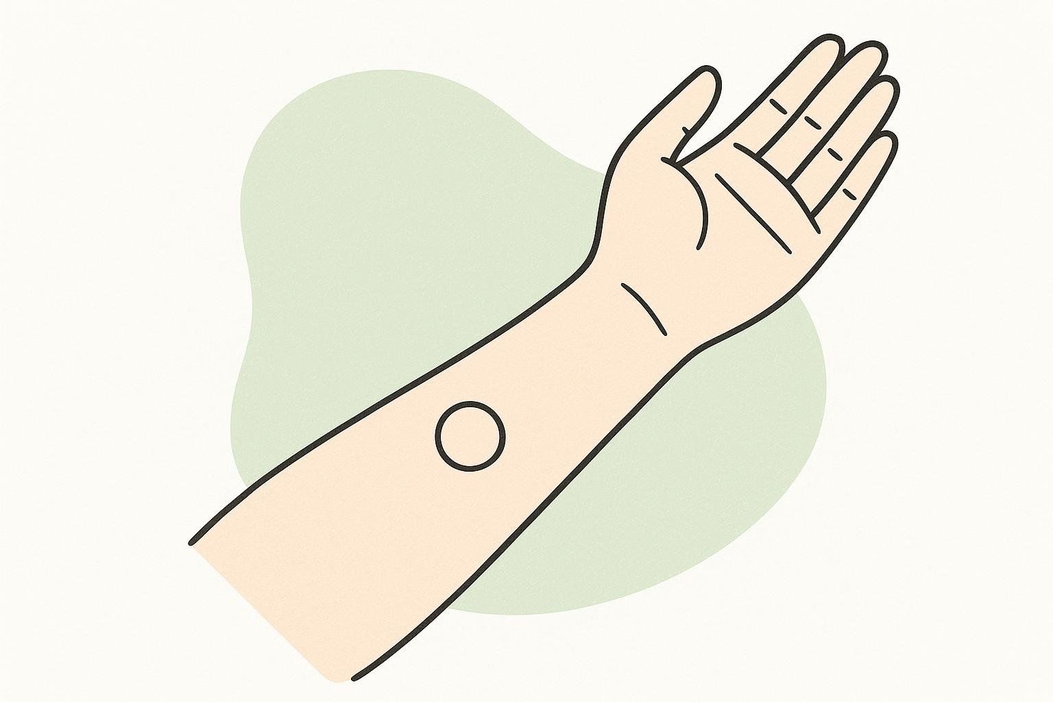 An illustration showing how to do a patch test on the inner forearm before using a new skin product like tallow balm. A small circle marks the area for the test on the forearm.
