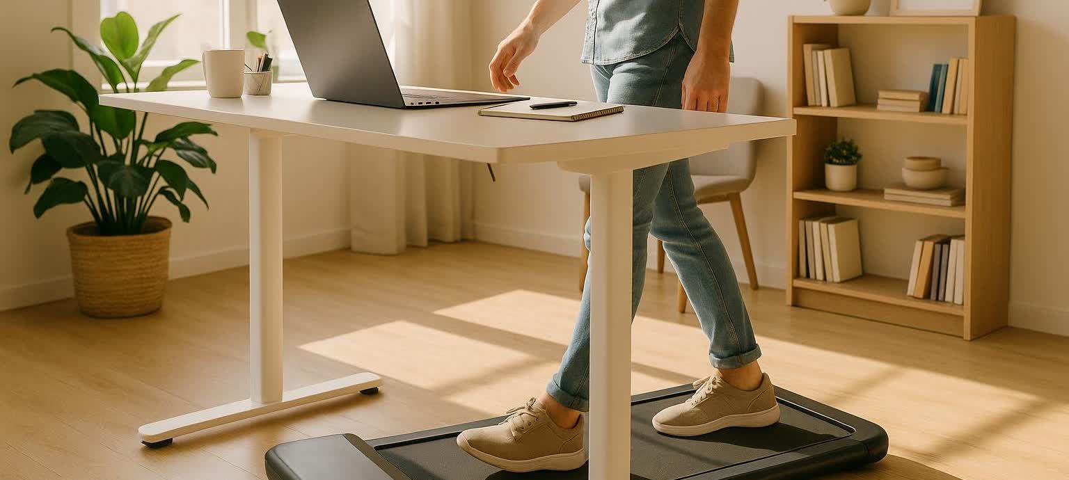 A person walking on an under-desk treadmill in a sunlit, modern home office, promoting a healthy work-from-home lifestyle.