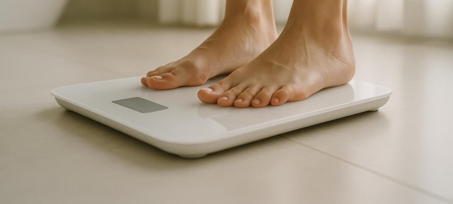 A person stands on a modern white smart scale in a bright room.