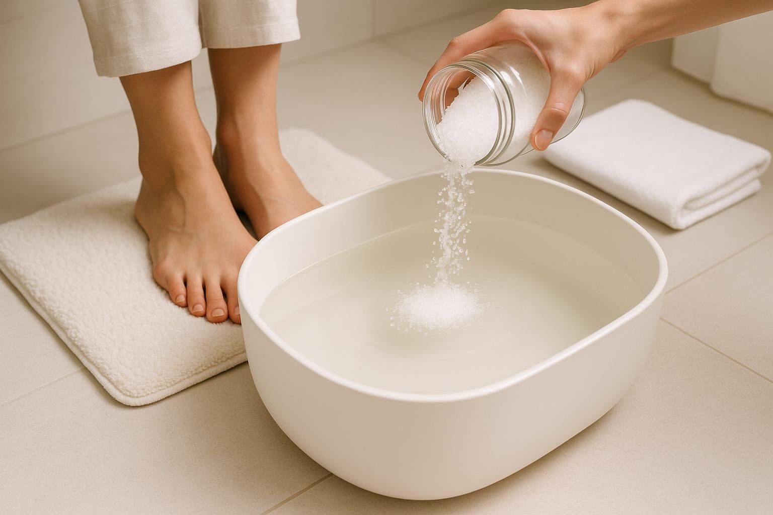 A person pouring Epsom salt into a basin of water to prepare a relaxing foot soak.