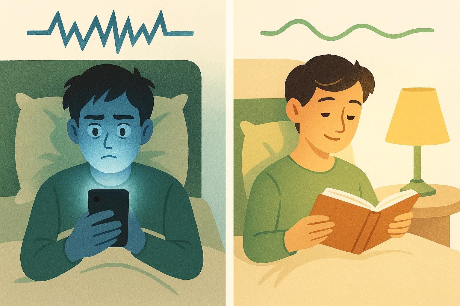 Illustration contrasting the effect of blue light from a phone with a calming screen-free evening routine on sleep quality. The left panel shows a person with a stressed expression using a phone with a blue glow around them, and a jagged line above their head. The right panel shows a person calmly reading a book in bed with warm light from a lamp, and a smooth wavy line above their head.