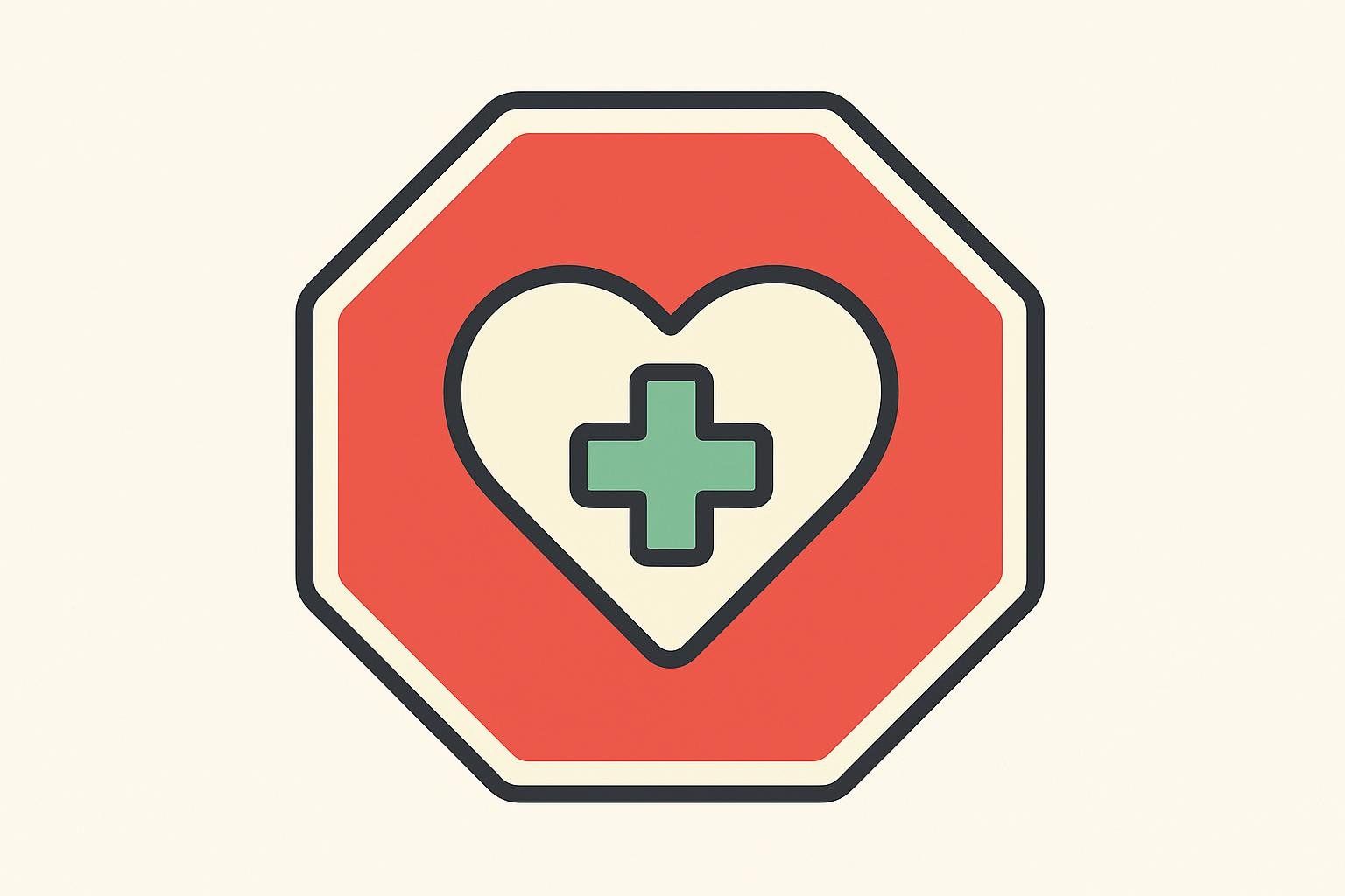 An icon depicting a red octagonal stop sign with a white heart shape inside, which in turn contains a teal medical cross. This graphic symbolizes medical contraindications or warnings.