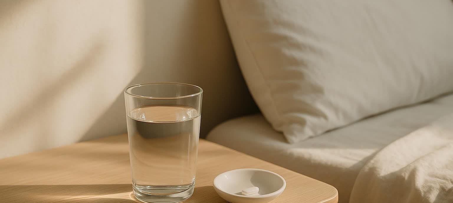 A glass of water and a single pill on a sunlit bedside table, representing the daily morning routine for oral Wegovy.