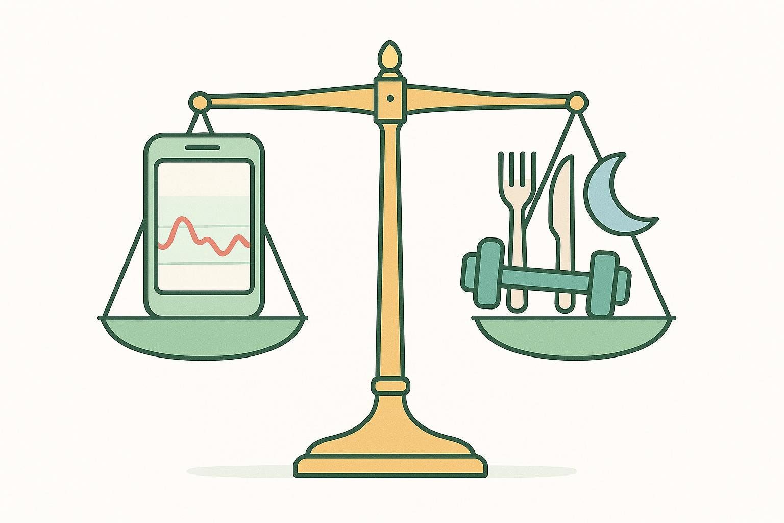 An illustration of a balancing scale with a smartphone displaying CGM data on one side and icons for nutrition (fork and knife), activity (dumbbell), and sleep (crescent moon) on the other, symbolizing a balanced approach to health and wellness.