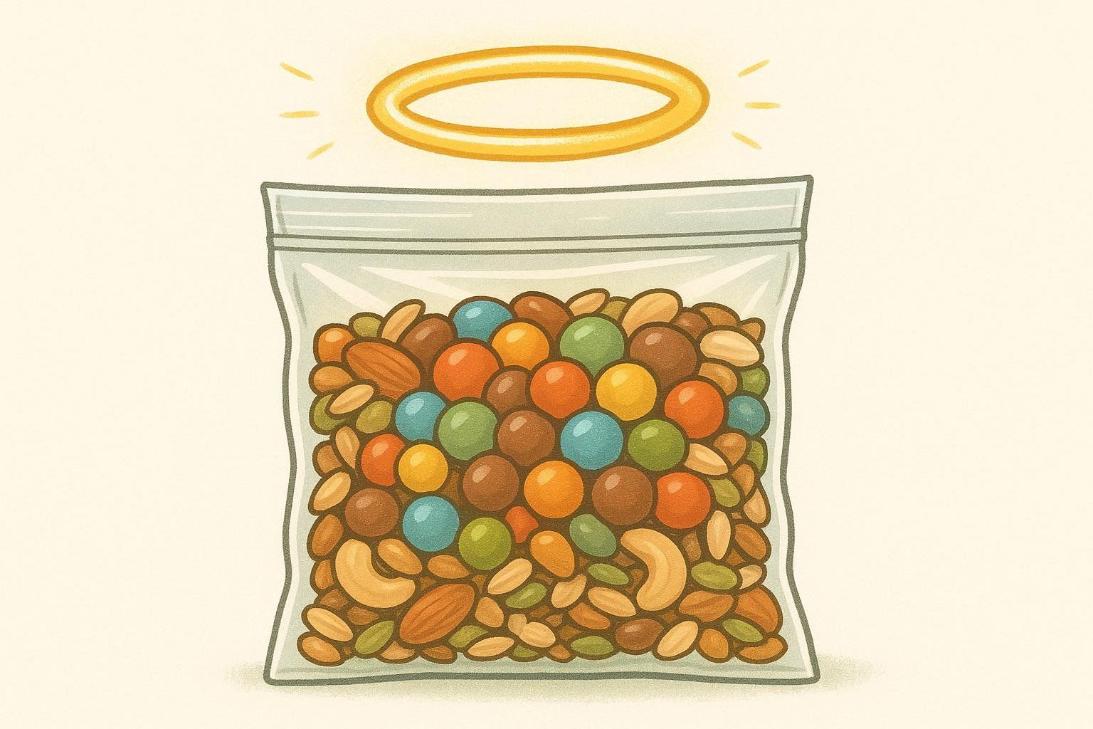 Illustration of a bag of trail mix with a glowing halo, symbolizing the misleading 'health halo' effect despite its high sugar and calorie content.