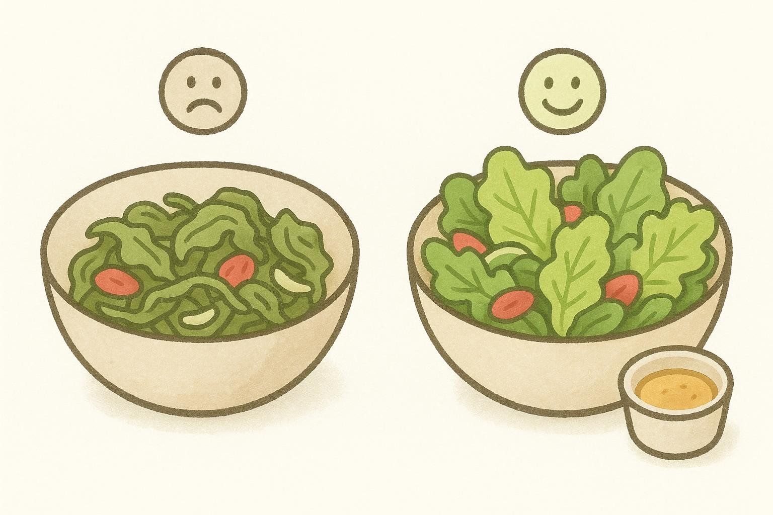 Illustration comparing a sad, soggy salad with a happy, crisp salad that has its dressing in a separate container, demonstrating the benefit of keeping dressing separate until serving.